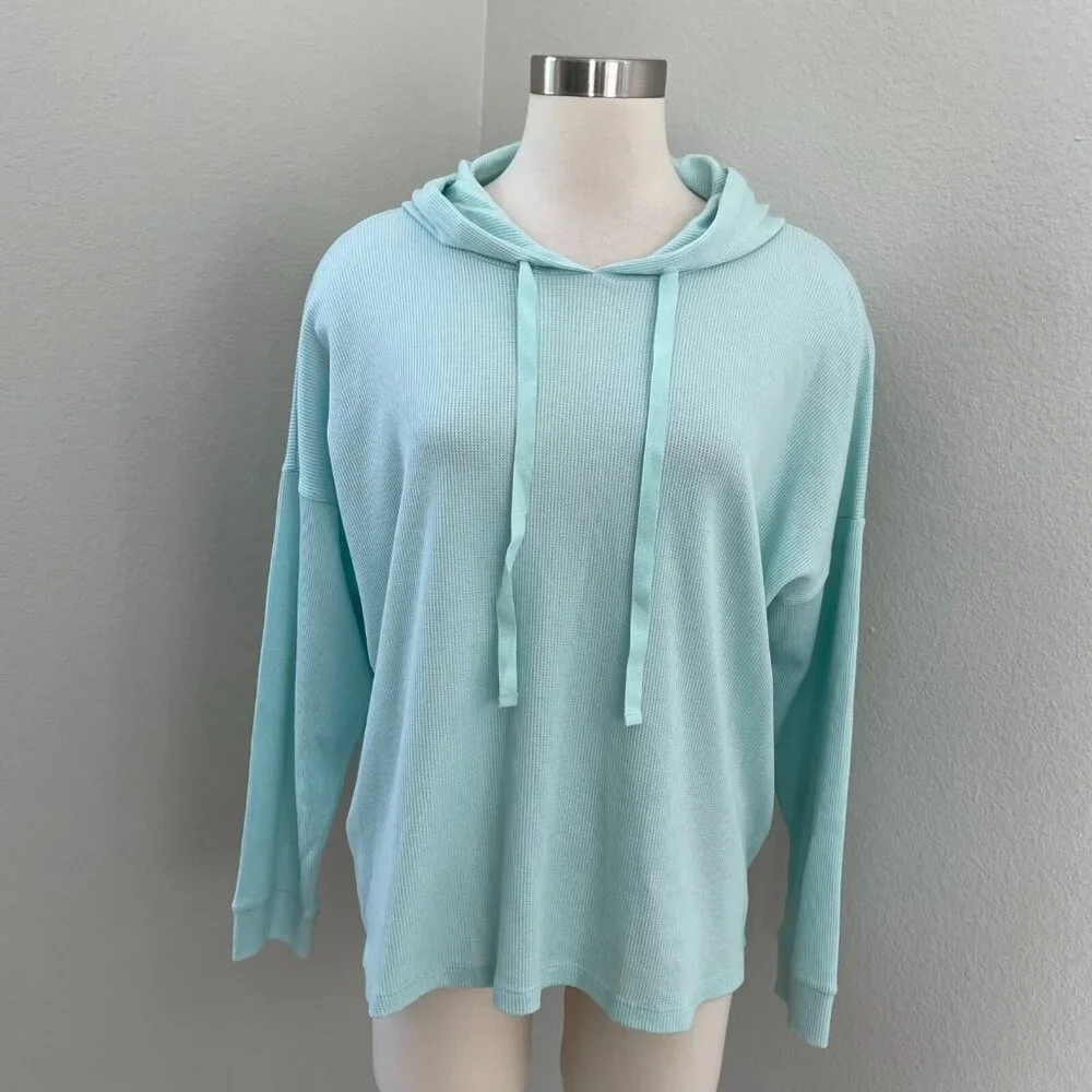 Eileen Fisher Womens XL Cozy Waffle Knit Hooded Top Boxy Fit Pullover‎ Mint